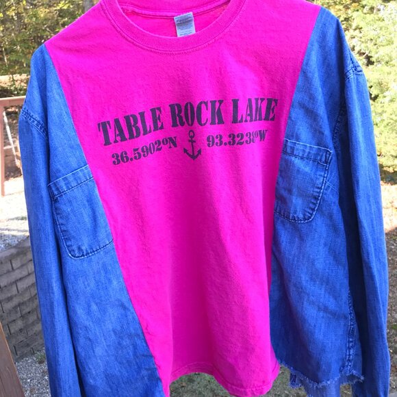 Reworked Denim Tshirt, Size M-L: Table Rock Lake Graphic Tee, Upcycled Oversized - Picture 5 of 8